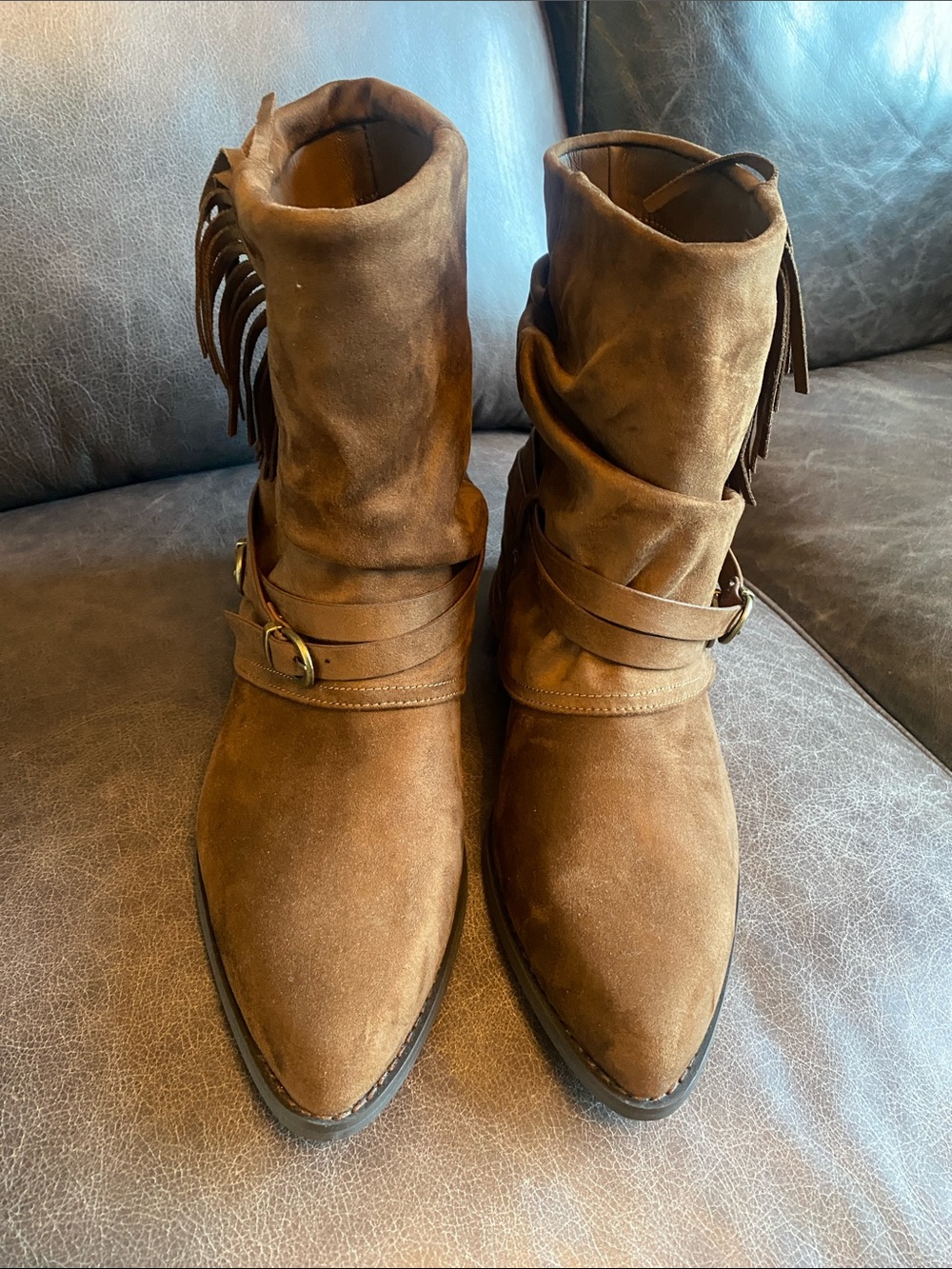 Women's Brown Faux Suede Fringe Ankle Booties with Wrap Straps - Picture 3 of 9